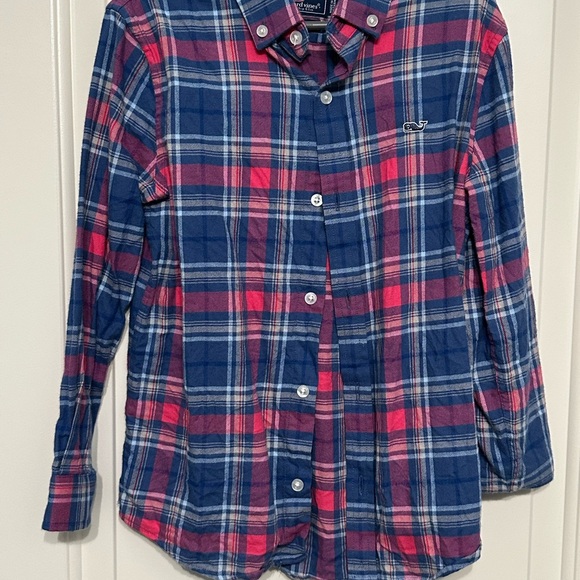 Vineyard Vines Boys 6 Flannel Button-Down Shirt Navy Pink Plaid VGUC - Picture 1 of 7